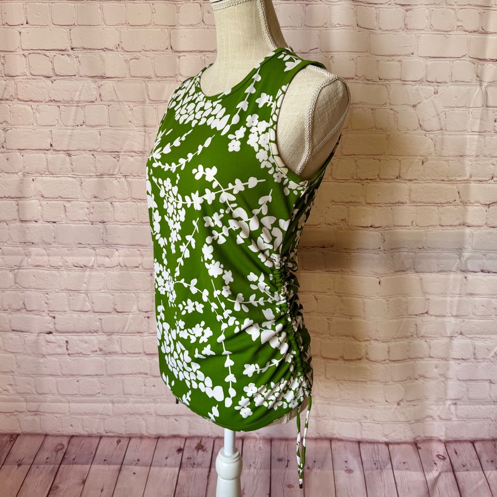 Michael Kors Top Sleeveless Kelly Green White Floral Side pull Scrunch Fitted M